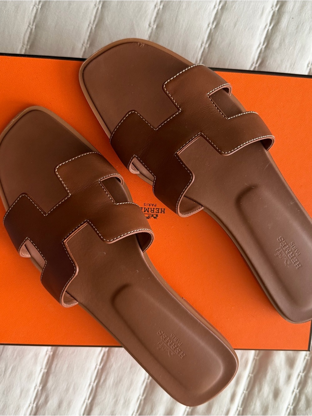 Hermès Brown H-Design Leather Slide Sandals